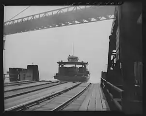 Loaded train ferry approaches dock in Detroit, Michigan, United States in April 1943.