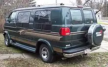 Modern version of an outside rear mounted spare tire on a van or recreational vehicle.