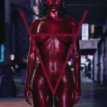 Cover art for "Attention": a bloody, naked Doja Cat and an upside-down letter "A" that covers her nipples and groin