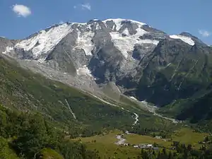 The Dômes with Chalets de Miage in the foreground.