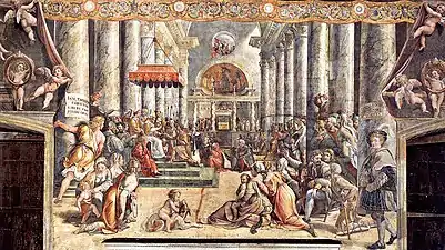 Raphael's workshop's Donation of Constantine shows St. Peter's Solomonic columns in their original location in front of the altar in the old basilica