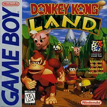 Donkey Kong, a brown gorilla wearing a tie, and Diddy Kong, a brown monkey wearing a red vest and cap, walk through the jungle towards the viewer. Above them are two flying pigs and a wasp, aside them a mole wearing a hard hat, and behind them a muscular crocodile. The words "DONKEY KONG LAND" appear above, and on the left side the "GAME BOY" banner appears from top to bottom.