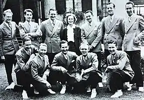 Dorsey Brothers Orchestra, 1934. Bottom (L-R): George Thow, Roc Hillman, Don "Matty" Matteson, Skeets Herfurt, Ray McKinley; Standing (L-R): Bobby Van Epps, Delmar Kaplan, Tommy Dorsey, Kay Weber, Jimmy Dorsey, Glenn Miller, Jack Stacey