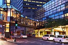 This skybridge connects Copley Place (at right) to the Prudential Center