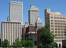 Looking north east between Main Street (left) and Boston Avenue (right). Philtower is right of center; Thompson Building is left of center; Mid-continent Building is behind the Philtower. Photo in 2008 by Caleb Long.