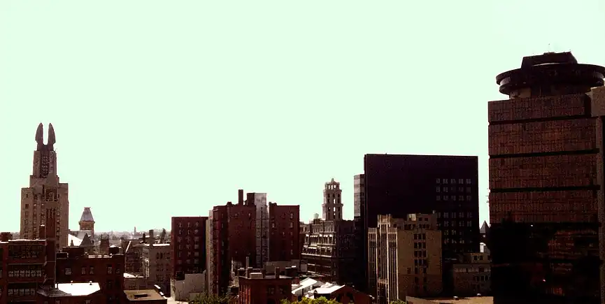 The western half of Downtown Rochester, seen from Washington Square