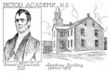 a hand-drawn image of Dr. Thomas McCulloch and the Pictou Academy