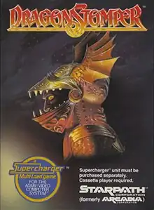 The box art of Dragonstomper: an illustration of a knight from their side view. Their armor is stylized with dragon-like elements such as wings pointing at the top and sharp teeth around the visor. The title of the game is at the top of the box, along with the Starpath Logo, promotional text, and information regarding the Starpath Supercharger requirements.