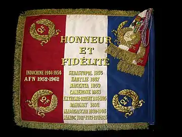 Honneur et Fidélité is the motto of the Foreign Legion in the French Armed Forces inscribed on its flags from 1920.