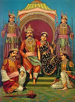 Illustration of Draupadi, a princess and queen in the ancient Indian epic "Mahabharata", with her five husbands