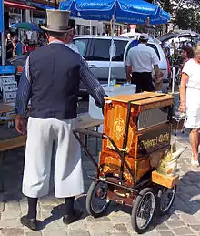 A street organ player in Warnemünde, Germany.