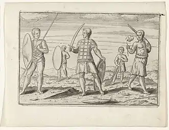 Late-16th-century print of five warriors with weapons