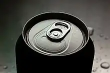 Aluminum drinks can with stay-tab easy-opening. Note the can is narrowed at the top to allow for a smaller “end”