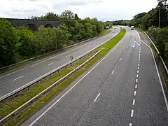 Dromore Bypass June 2011. The disused viaduct of the BLB can be seen on the left