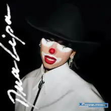 Dua Lipa against a black background swearing a white cowboy shirt with a bolo tie, a black cowboy hat and clown makeup. The singer's name appears on the left in white writing while the song's title appears in the bottom right in blue writing.