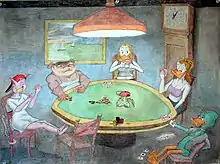 Several anthropomorphic animals sit around a poker table in various levels of undress