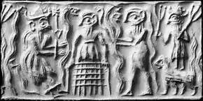 Image 74Ancient Sumerian cylinder seal impression showing the god Dumuzid being tortured in the Underworld by galla demons (from Comparative mythology)