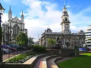 St. Paul's Anglican Cathedral, Dunedin Municipal Chambers, and the Civic Centre in the Octagon