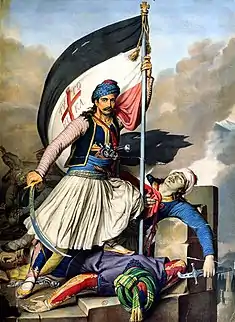 Dupré's depiction of Nikolakis Mitropoulos raising his flag at Salona; a scene from the early stages of the Greek War of Independence in 1821.