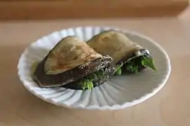 Dureup-gaji-jeon (pan-fried angelica-tree shoot and eggplant)