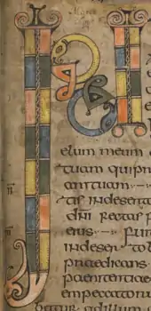 Colour photograph of the illustrated INI monogram from the Durham Gospel Fragment