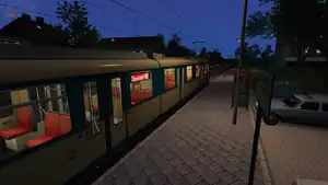 Screenshot of the game LOTUS simulator showing a Duaweg GT8S tram en route to Dusseldorf Hauptbahnhof on line 76 from Krefeld Haputbahnhof.