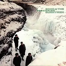 An album cover showing four men stood on a rocky outcrop with a frozen waterfall to their left. The band's and the album's names are in the top-left corner of the cover in green text.