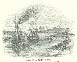 A sketch from 1851 showing two ships upon Lake Lothing, one of steam, one of sail.