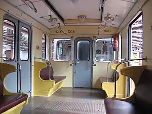 Interior of historical car 1083 in Zličín (B) depot.