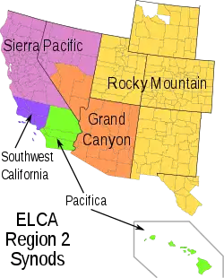 A map of the southwest US showing the ELCA synods of Region 2