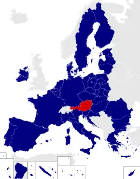 Map of the European Parliament constituencies with Austria highlighted in red