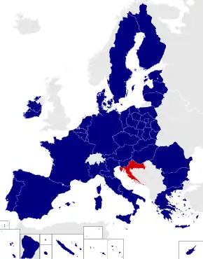 Map of the European Parliament constituencies with Croatia highlighted in red