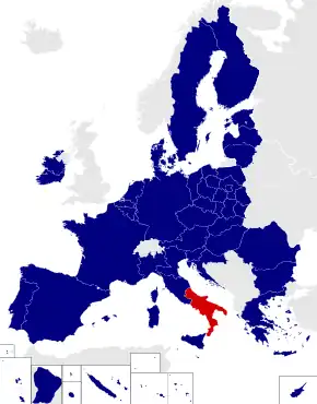 Map of the European Parliament constituencies with Southern Italy highlighted in red