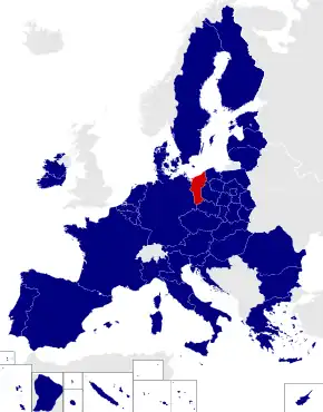 Map of the European Parliament constituencies with Lubusz and West Pomeranian highlighted in red