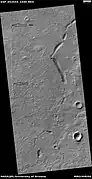 Possible dike and troughs, as seen by HiRISE under HiWish program The arrows point to the possible dike along the left edge of picture.  Straight features are rare in nature; they are often due to dikes and joints.