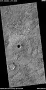 Unnamed rater with thin ejecta, as seen by HiRISE under the HiWish program  There are also many cones visible in the image.