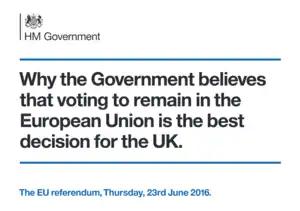 A 4:3 white rectangle. Reading from top to bottom, it contains the logo of the Government of the United Kingdom in the top-left corner, a long horizontal blue line, the words "Why the Government believes that voting to remain in the European Union is the best decision for the UK." in a large black font, another long horizontal blue line, and finally the words "The EU referendum, Thursday, 23rd June 2016." in a small blue font in the bottom-left corner.