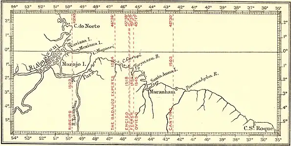 Harrisse's presentation of the various Spanish and Portuguese computations of the Tordesillas Meridian, producing antimeridians from 130° 15′ to 137° 30′ E.