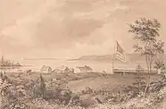 An image of Astoria in 1841 looking towards the mouth of the Columbia River