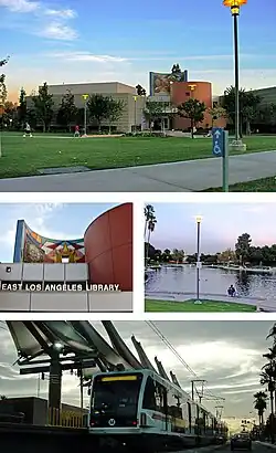 Images, from top and left to right: East LA Public Library, Civic Center Park, Atlantic L Line Station