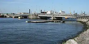 Tom Clarke bridge from the south bank of the Liffey looking downstream