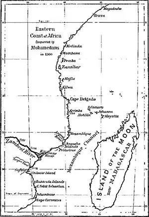 An old printed chart showing the channel between Madagascar and Mozambique