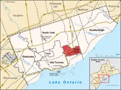 Location of East York (red) compared to the rest of Toronto.