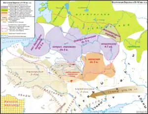 Image 39Map of the ancient Baltic homelands at the time of the Hunnish invasions (3rd-4th c. AD). Baltic cultural areas (identified archaeologically) are in purple. The Baltic sphere originally covered Eastern Europe from the Baltic Sea to modern Moscow. (from History of Lithuania)