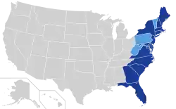 The East Coast of the United States. States with a coastline on the Atlantic Ocean are highlighted in dark blue. States considered part of the East Coast without a coastline are highlighted in light blue.