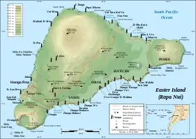 Easter Island map showing Terevaka, Poike, Rano Kau, Motu Nui, Orongo, and Mataveri; major ahus are marked with moai