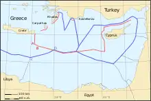 Conflicting claims to continental shelf and EEZ areas in the eastern Mediterranean. Blue: areas claimed by Greece and Cyprus based on UNCLOS; red: areas claimed by Turkey based on its own interpretation of international law.