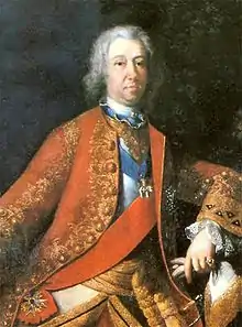 A portrait of Eberhard Louis, in German Eberhard Ludwig, circa 1720. He stands posed and looking at the observer.