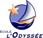 A logo design with a boat sailing on the sea with a large orange star shining beside it.