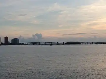 The bridges at sunset as seen from the Riverside Park pier